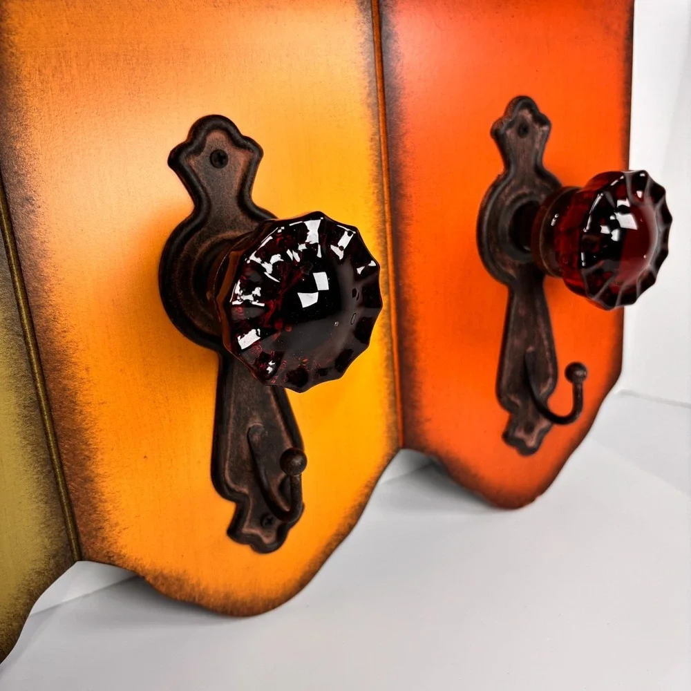Wooden Wall Shelf 4 Hooks Glass Doorknob Distressed Cottage core Farmhouse